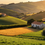 **Prompt:** "Serene countryside landscape at golden hour, rolling hills, traditional farmhouses, warm light, focus on nature and tranquility, Portuguese aesthetic."
