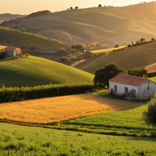 **Prompt:** "Serene countryside landscape at golden hour, rolling hills, traditional farmhouses, warm light, focus on nature and tranquility, Portuguese aesthetic."