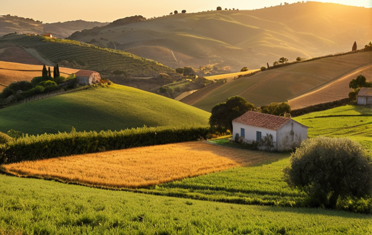 **Prompt:** "Serene countryside landscape at golden hour, rolling hills, traditional farmhouses, warm light, focus on nature and tranquility, Portuguese aesthetic."