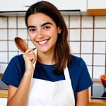 A vibrant young Portuguese woman, fully clothed in modern but modest attire, is expertly filming a cooking tutorial for traditional "pataniscas de bacalhau" in a bright, contemporary kitchen with traditional Portuguese tiles accents. She holds a wooden spoon, smiling genuinely at the camera, capturing the essence of local flavors in the digital age. The scene is well-lit, showing perfect anatomy, natural pose, correct proportions, well-formed hands, proper finger count, natural body proportions. The atmosphere is warm and inviting, showcasing a blend of tradition and modernity. safe for work, appropriate content, fully clothed, family-friendly, professional photography, high quality.