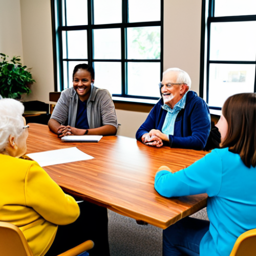 A diverse group of community members, including elderly individuals, adults, and young adults, gathered in a bright, modern community center. They are engaged in an active, open dialogue, listening attentively and sharing ideas. Some are smiling, others are gesturing thoughtfully, creating a warm atmosphere of collaboration and mutual respect. All subjects are fully clothed in modest, appropriate attire, suitable for a community meeting. The room features large windows bringing in natural light, a comfortable seating arrangement around a large table, and subtle decorations like potted plants, hinting at sustainability. Professional photography, high-quality, sharp focus, vibrant colors, perfect anatomy, correct proportions, natural poses, well-formed hands, proper finger count, natural body proportions, safe for work, appropriate content, fully clothed, family-friendly, community gathering.