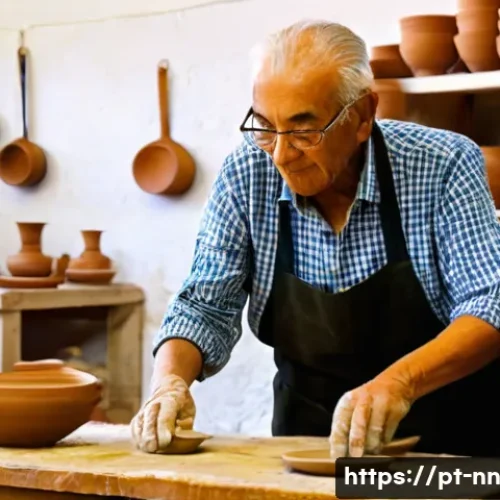 Home 32 지역 정체성 강화를 위한 예술 워크숍 - **Prompt:** A cozy, brightly lit ceramics workshop in a traditional Portuguese village. An elderly P...
