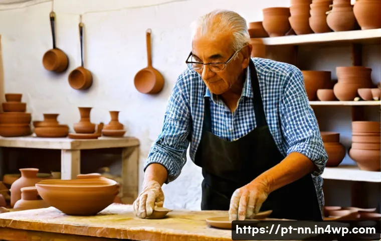 지역 정체성 강화를 위한 예술 워크숍 - **Prompt:** A cozy, brightly lit ceramics workshop in a traditional Portuguese village. An elderly P...