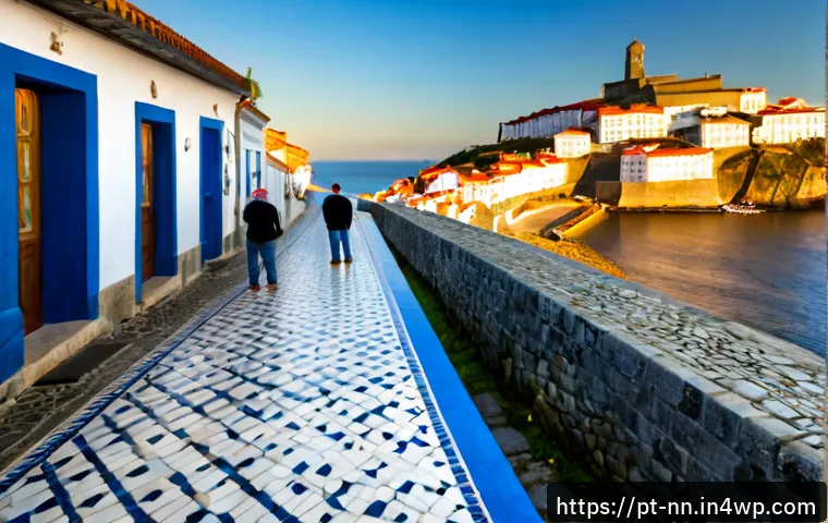 Home 17 문화유산 보존과 지역 정체성 - Photorealistic wide-angle scene of a historic Portuguese coastal village at golden hour, elderly loc...